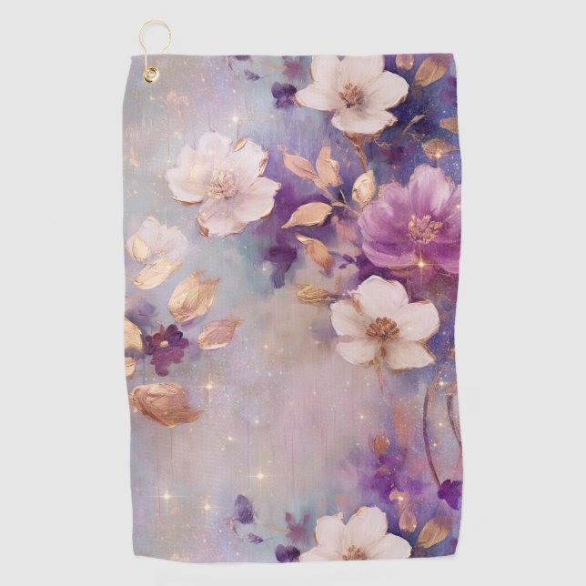 Feminine White Glam Gold Purple Floral Golf Towel (Front)