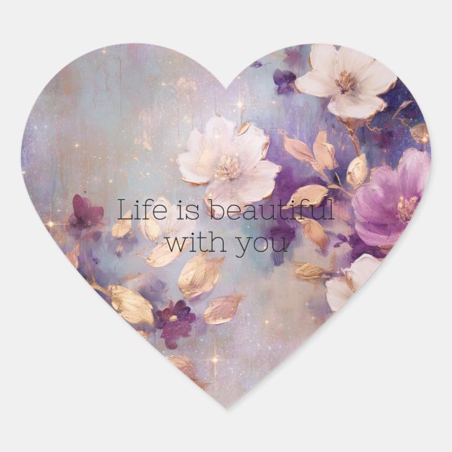 Feminine White Glam Gold Purple Floral Heart Sticker (Front)
