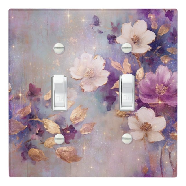 Feminine White Glam Gold Purple Floral Light Switch Cover (In Situ)