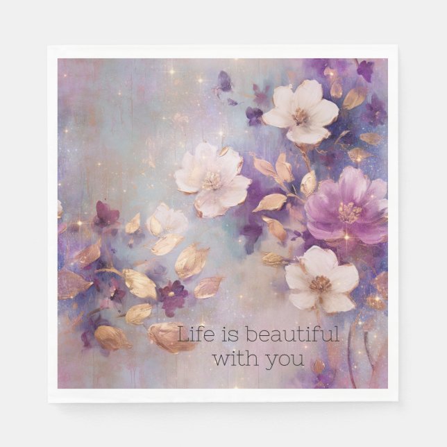 Feminine White Glam Gold Purple Floral Napkins (Front)