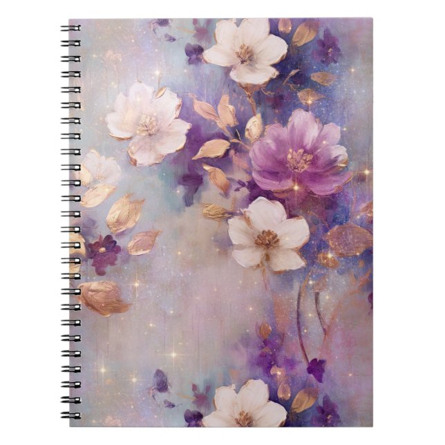 Feminine White Glam Gold Purple Floral Notebook (Front)