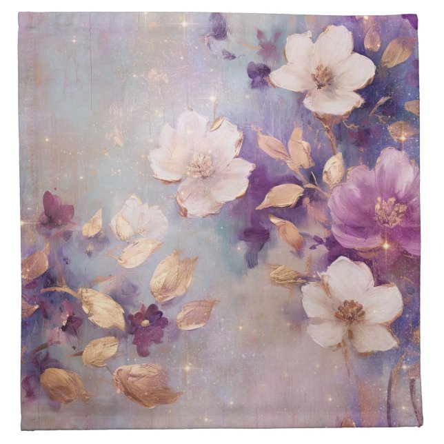 Feminine White Gold Purple Flowers Cloth Napkin (Front)