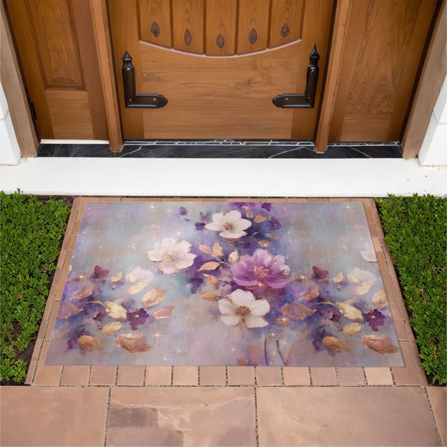 Feminine White Gold Purple Flowers Doormat (Outdoor)