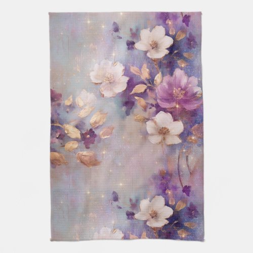 Feminine White Gold Purple Flowers Kitchen Towel