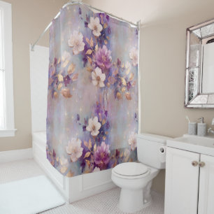 Feminine White Gold Purple Flowers Shower Curtain