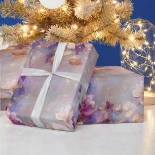 Feminine White Gold Purple Flowers Wrapping Paper