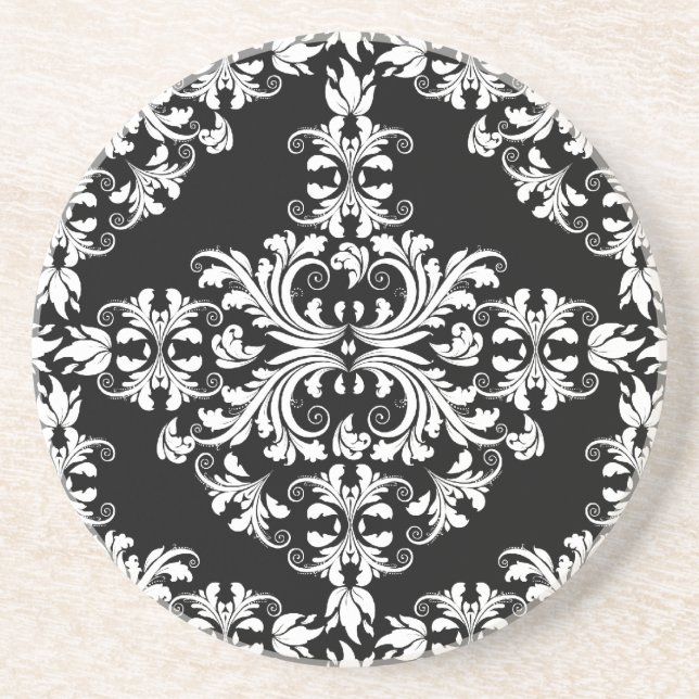 Feminine White on Black Damask Sandstone Coaster (Front)