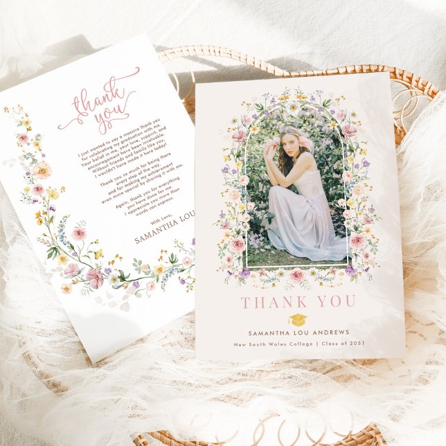 Feminine Wildflower Meadow Graduation Photo  Thank You Card (Creator Uploaded)