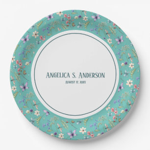 Feminine wildflower Teal pattern Personal text Paper Plates