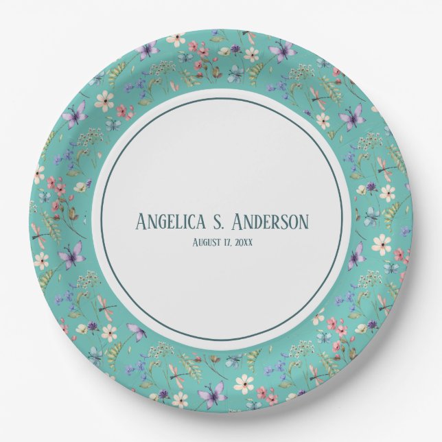 Feminine wildflower Teal pattern Personal text  Paper Plates (Front)