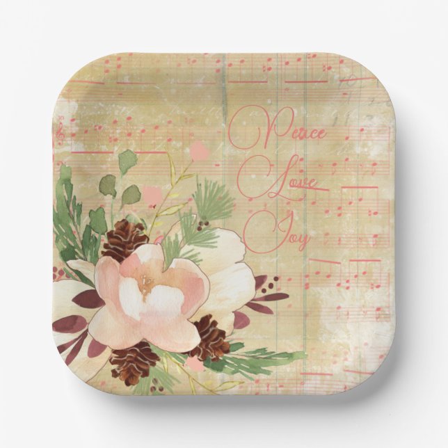 Feminine Winter Bouquet in Blush Pink Christmas Paper Plates (Front)