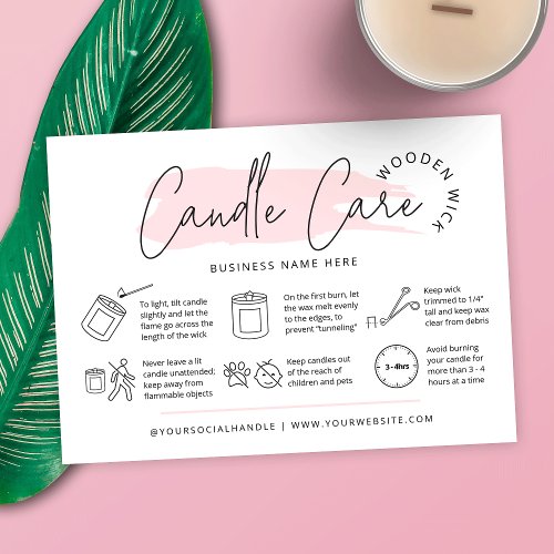 Feminine Wooden Wick Candle Care Instructions Business Card