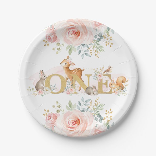 Feminine Woodland 1st Birthday / Pink Gold Floral Paper Plates (Front)