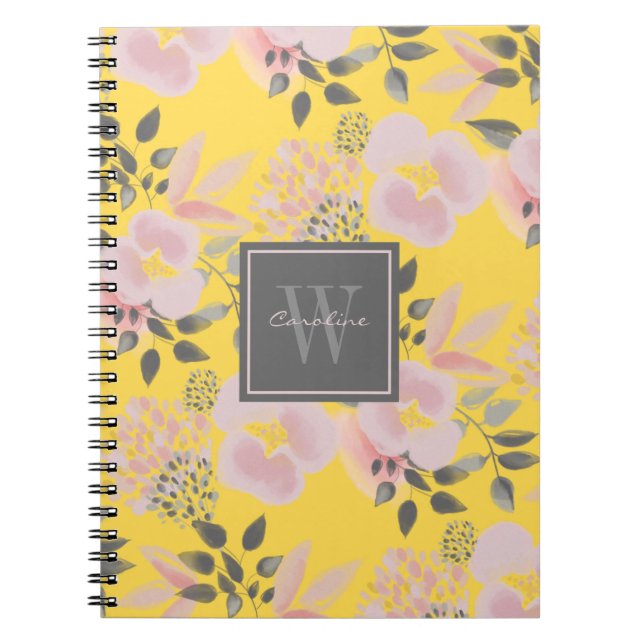 Feminine Yellow Pink Gray Floral with Monogram Notebook (Front)