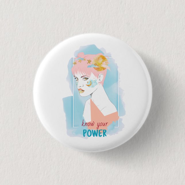 Feminism Quote Know Your Power Girl Illustration Button (Front)