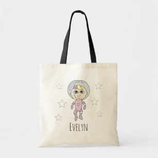 Feminist Baby Girl Astronaut Doodle and Name Tote Bag