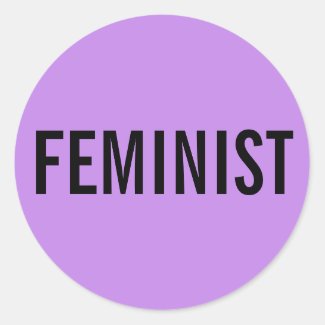 Feminist, bold black text on lavender stickers