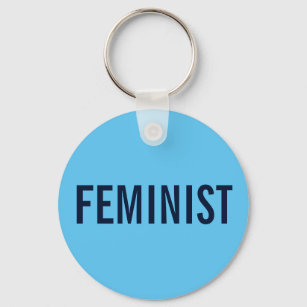 Feminist, bold navy text on sky blue keychain