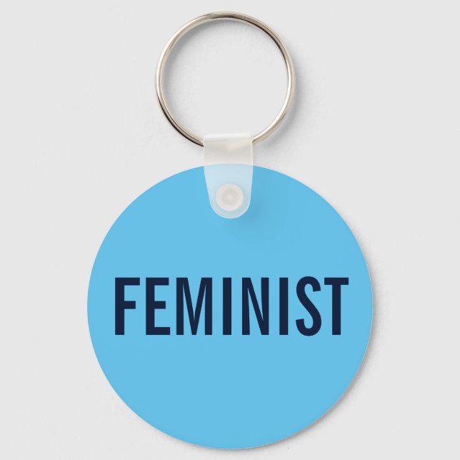 Feminist, bold navy text on sky blue keychain (Front)