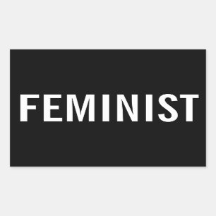 Feminist, bold white letters on black stickers