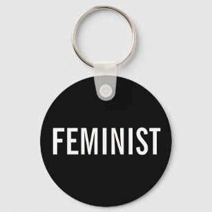 Feminist, bold white text on black keychain