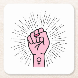 Feminist hand with female symbol square paper coaster
