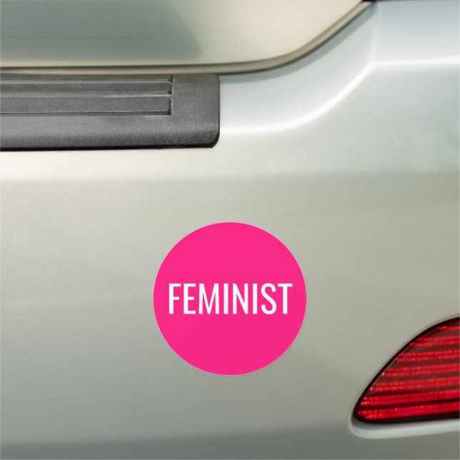 Feminist hot pink and white Bumper Car Magnet (In Situ)