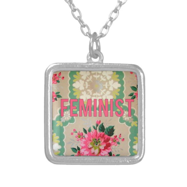 Feminist necklace vintage wallpaper pink (Front)