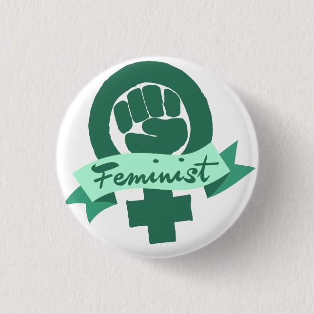 Feminist symbol in teal button (Front)