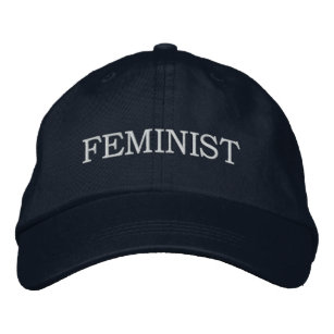 Feminist, white text on navy blue embroidered baseball cap