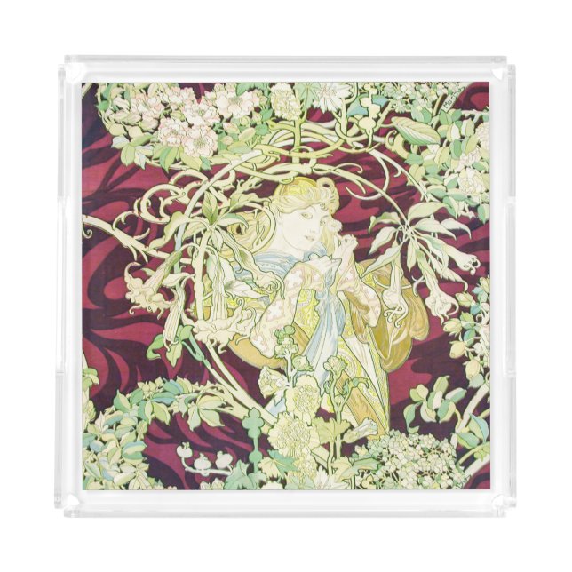 Femme à marguerite - Mucha daisy textile repro Acrylic Tray (Front)