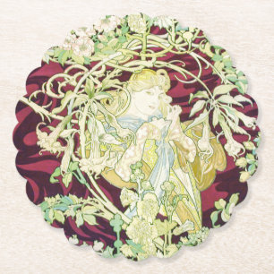 Femme à marguerite - Mucha daisy textile repro Paper Coaster