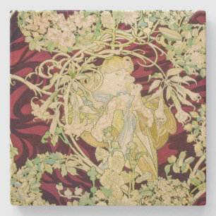 Femme à marguerite - Mucha daisy textile repro Stone Coaster