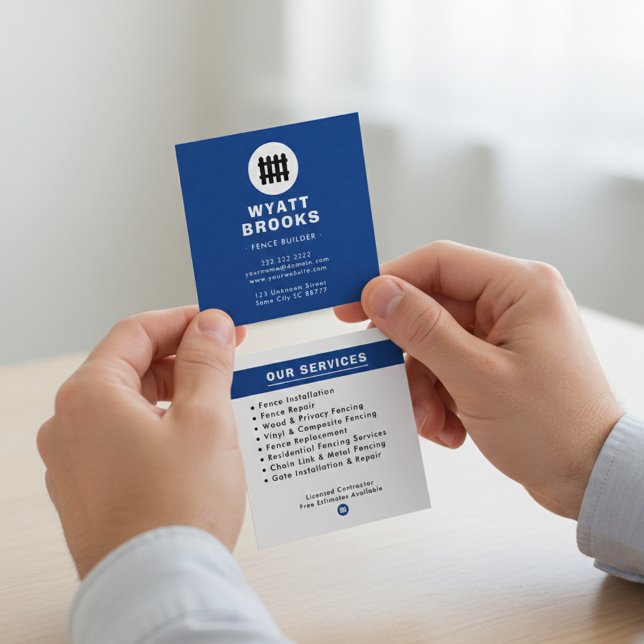 Fence Builder Professional Navy Blue & White Square Business Card (Creator Uploaded)