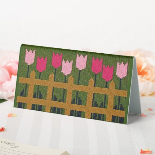 Fence Pink Tulips Green Designer Crochet Print Table Tent Sign