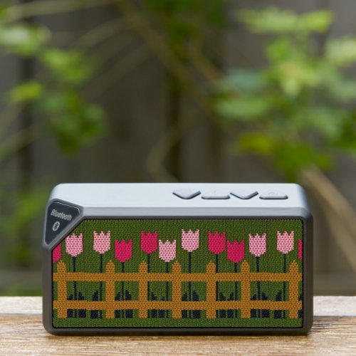 Fence Pink Tulips Green Lawn Artisan Crochet Print Bluetooth Speaker