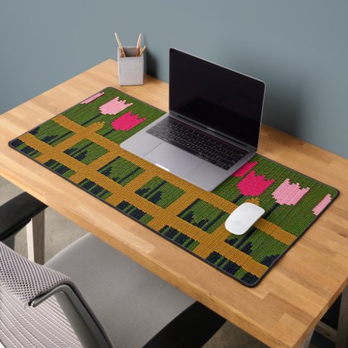 Fence Pink Tulips Green Lawn Artisan Crochet Print Desk Mat