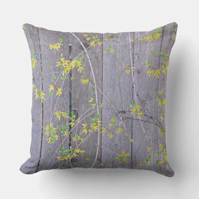 Fence with Forsythia Throw Pillow (Front)