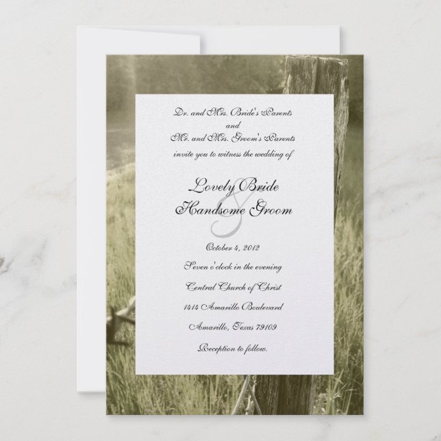Fencepost and Barbed Wire Rustic Wedding Invitation (Front)