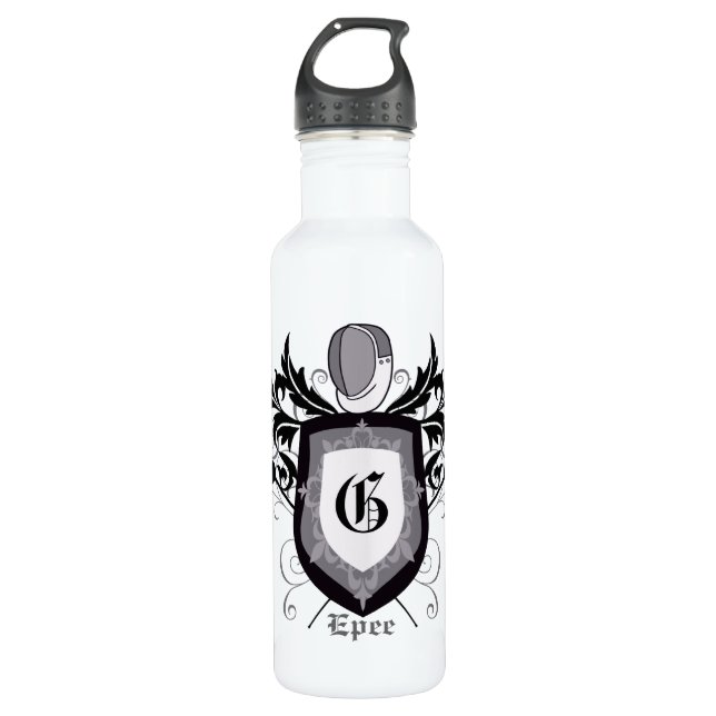 Fencing Epee Crest Silver Stainless Steel Water Bottle (Front)