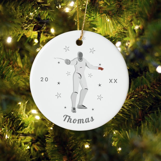 Fencing Silhouette Fencer Fence Kid's Name Gray  Ceramic Ornament (Creator Uploaded)