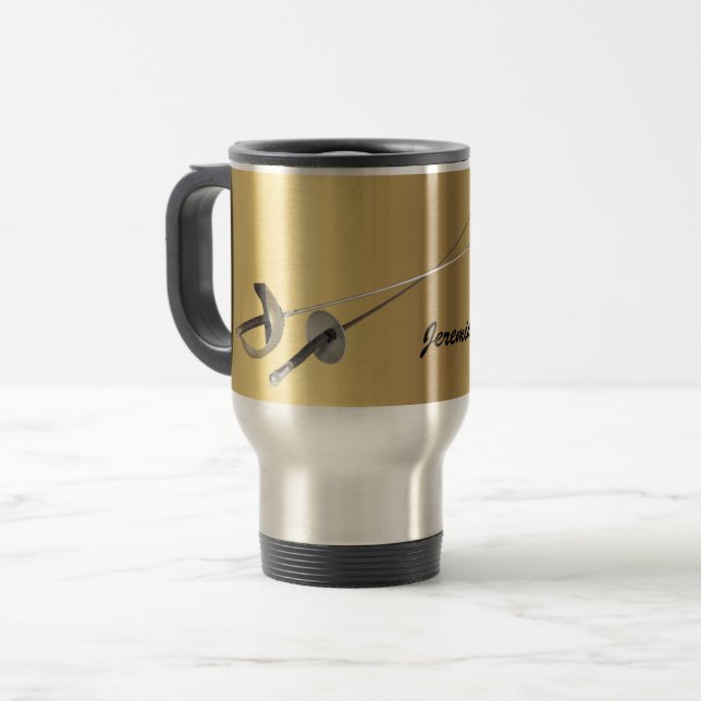 Fencing Sport two foils Personalize with name Travel Mug (Front Left)