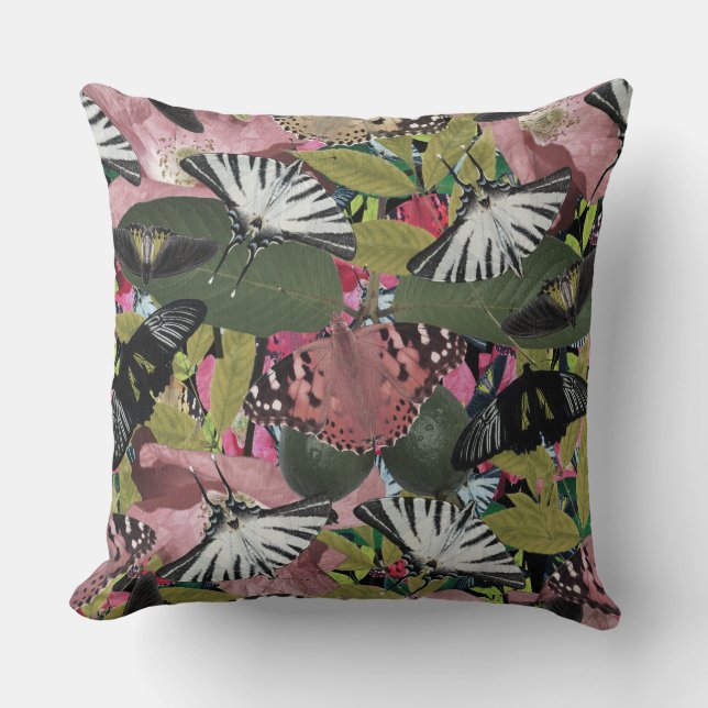 Feng Shui Butterflies Floral Tropical Pattern Throw Pillow (Front)