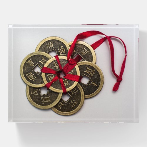 Feng Shui Chinese Coins Good Luck Red Ribbon Paperweight