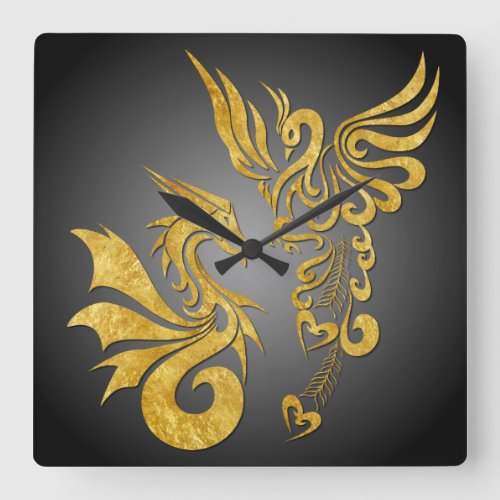 Feng Shui Golden Phoenix  Dragon Clock _ black