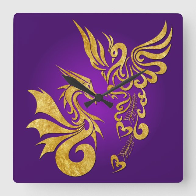 Feng Shui Golden Phoenix & Dragon Clock - purple (Front)