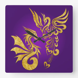 Feng Shui Golden Phoenix & Dragon Clock - purple