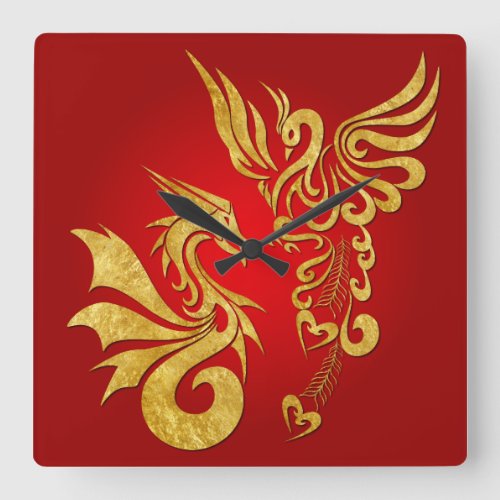 Feng Shui Golden Phoenix  Dragon Clock _ red