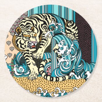 Feng Shui White Tiger Round Paper Coaster by insimalife at Zazzle