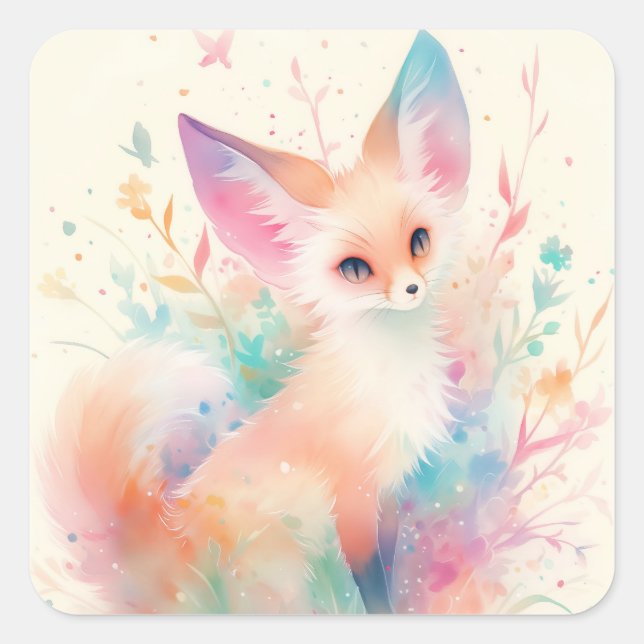 Fennec Fox Among Pastel Blossoms Square Sticker (Front)